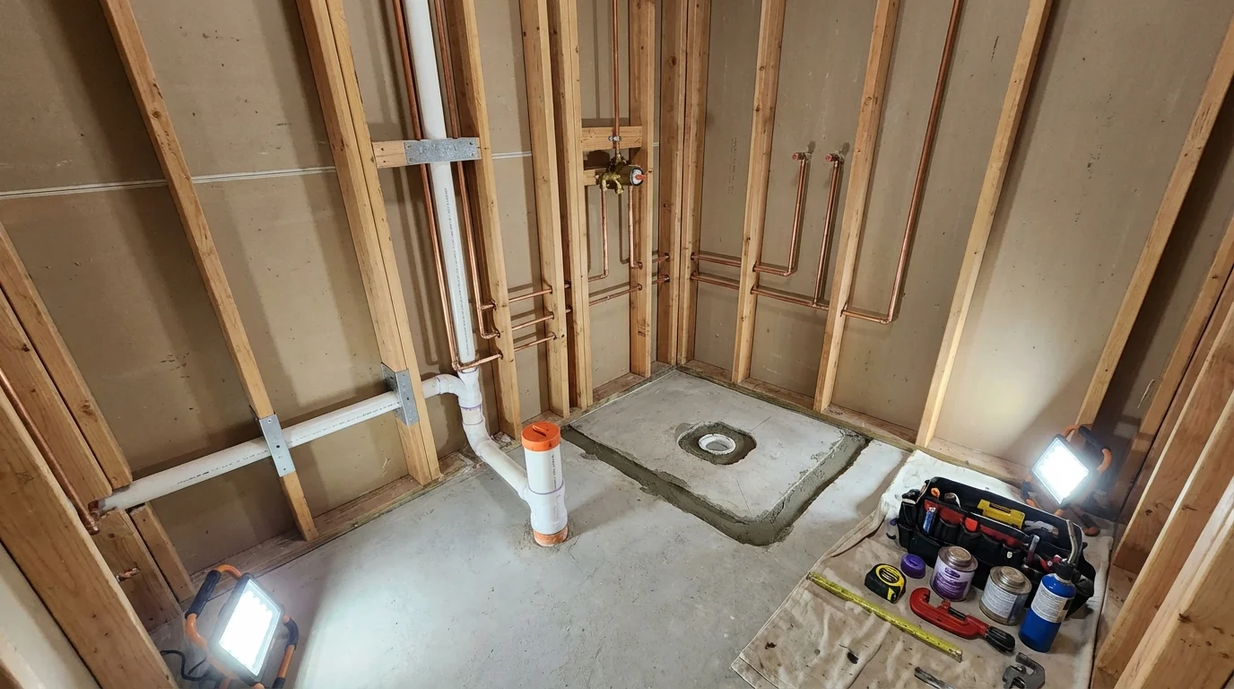 Bathroom rough-in plumbing during remodel by Johns Plumbing LLC in Monte Rio