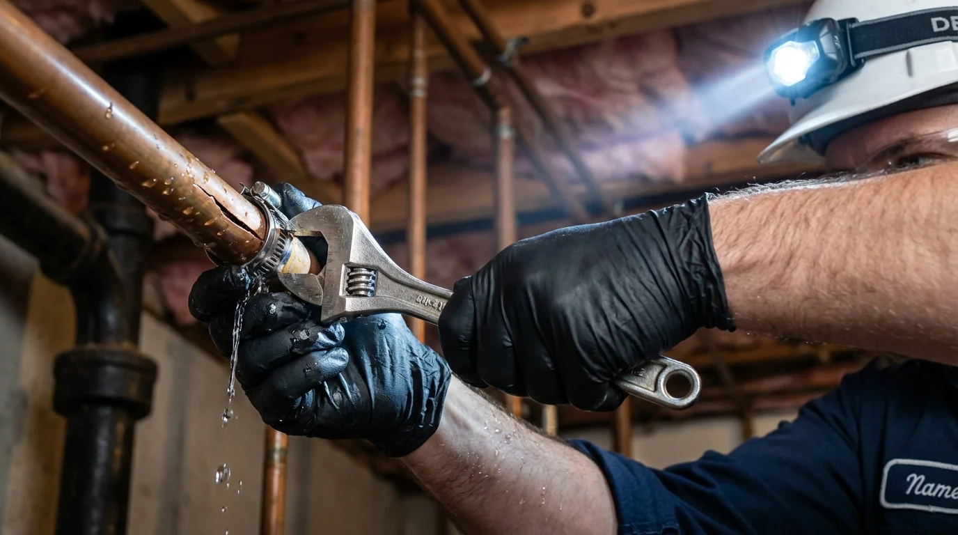 Emergency pipe clamp repair being performed by a Johns Plumbing LLC plumber in Monte Rio
