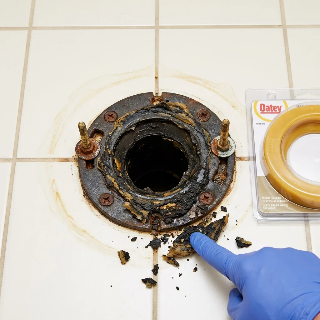 Failed wax ring showing water seepage at the base of a toilet in a Monte Rio, CA home