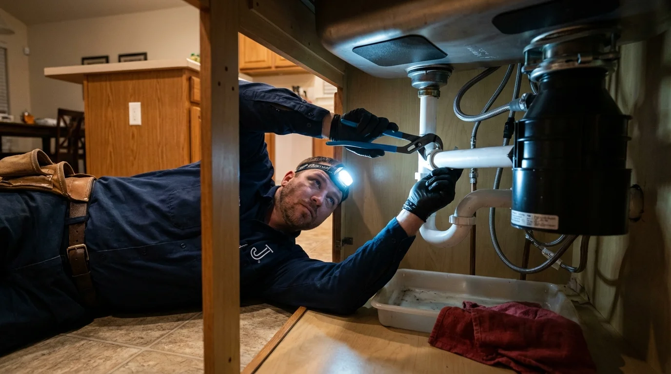 P-trap and supply line connections under a kitchen sink showing a common leak point in Monte Rio, CA
